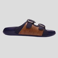 Z-045 | Men’s Dual Buckle Comfort Slide – Navy & Brown